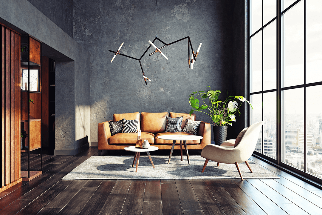 Concrete Modern house with wooden interior plants on table